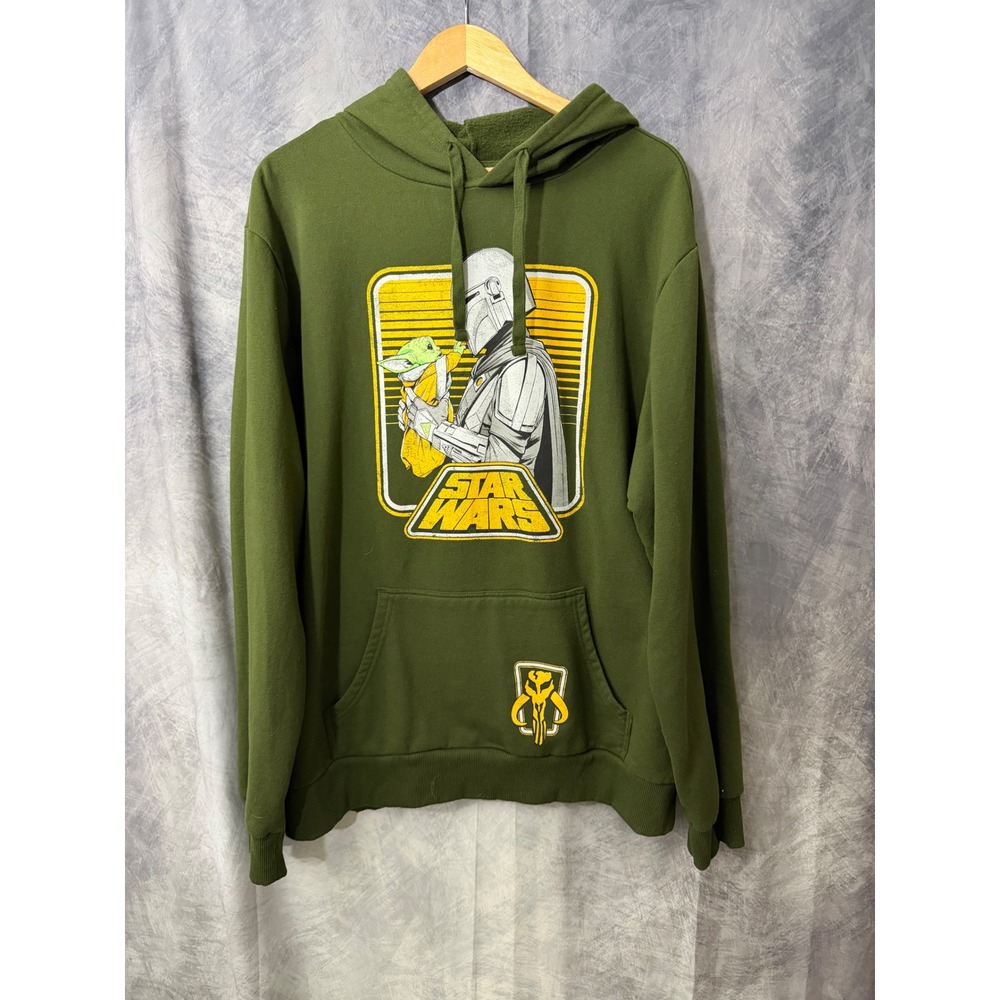 Star Wars The Mandalorian Grogu Hoodie Mens XXL Olive Green Pullover Sweatshirt